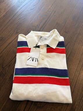 ZARA White Polo Shirt with Red, Blue & Green Stripes